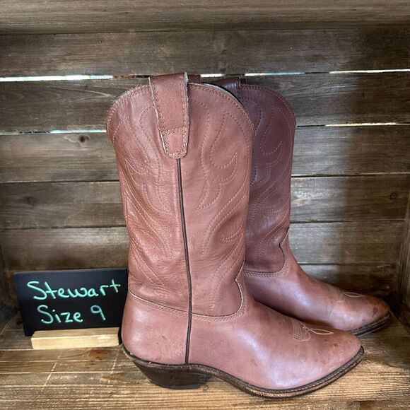 Mens Stewart Brown Leather Western Cowboy Pointed Toe Roper Boots‎ Size 9 EE GUC
